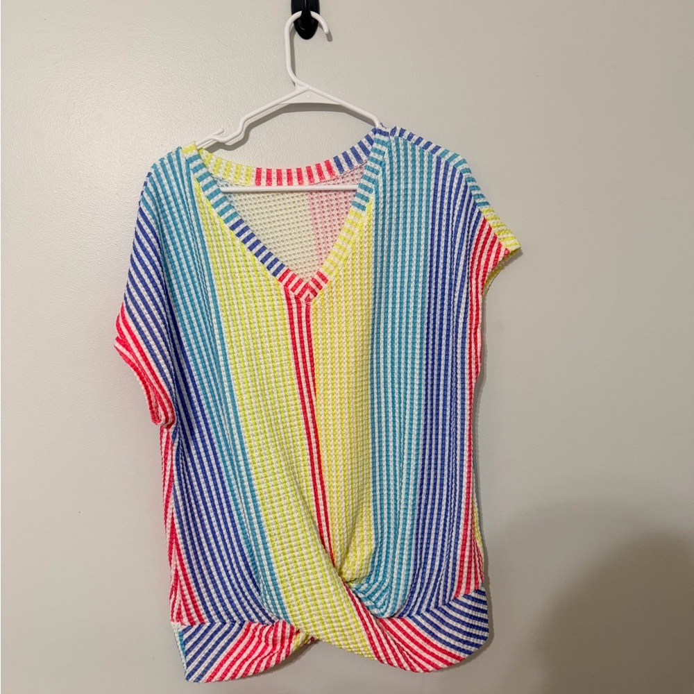 SHEIN Colorful Striped V-Neck Tee